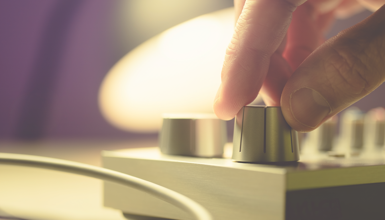 A close-up of a hand turning the gain knob on an audio interface, lit by a warm desk lamp.